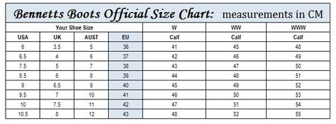 Bennetts boots size chart