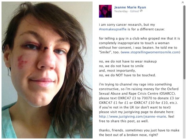 Jeanne marie ryan no make up selfie violence against women