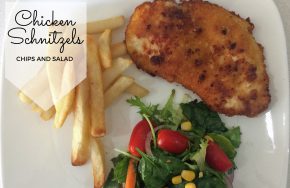 chicken schnitzel chips salad