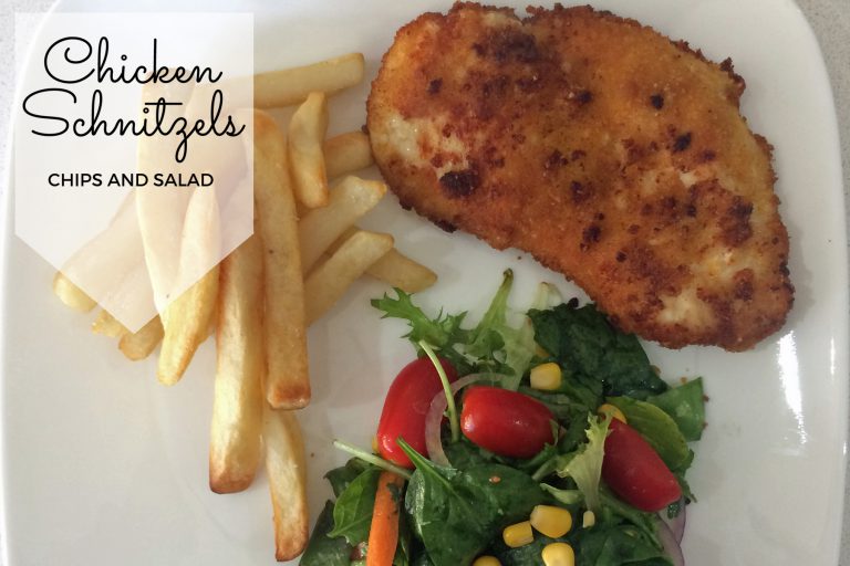 chicken schnitzel chips salad