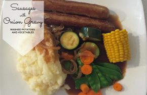 sausages mash vegies and onion gravy