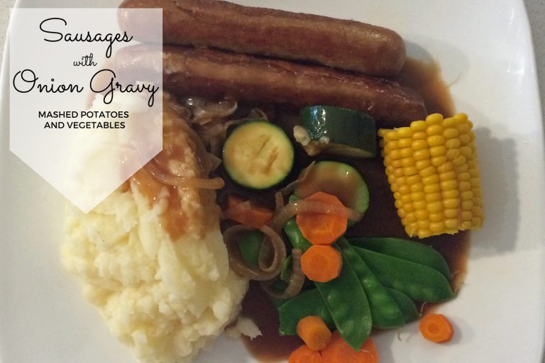 sausages mash vegies and onion gravy