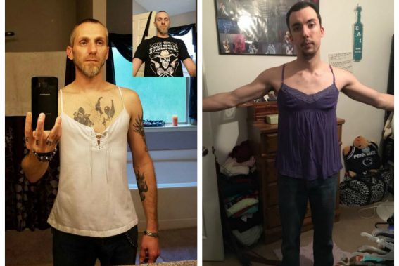 man puts on wife's shirt to support body image