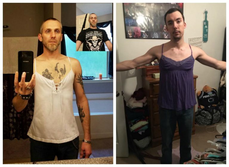 man puts on wife's shirt to support body image