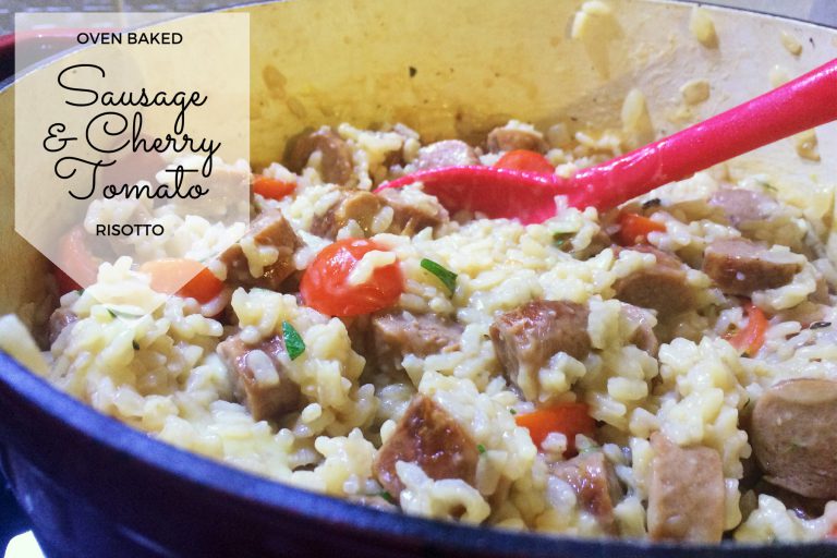 oven baked sausage and cherry tomato risotto