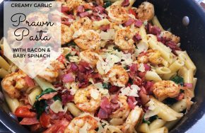 creamy garlic prawn pasta with bacon and spinach